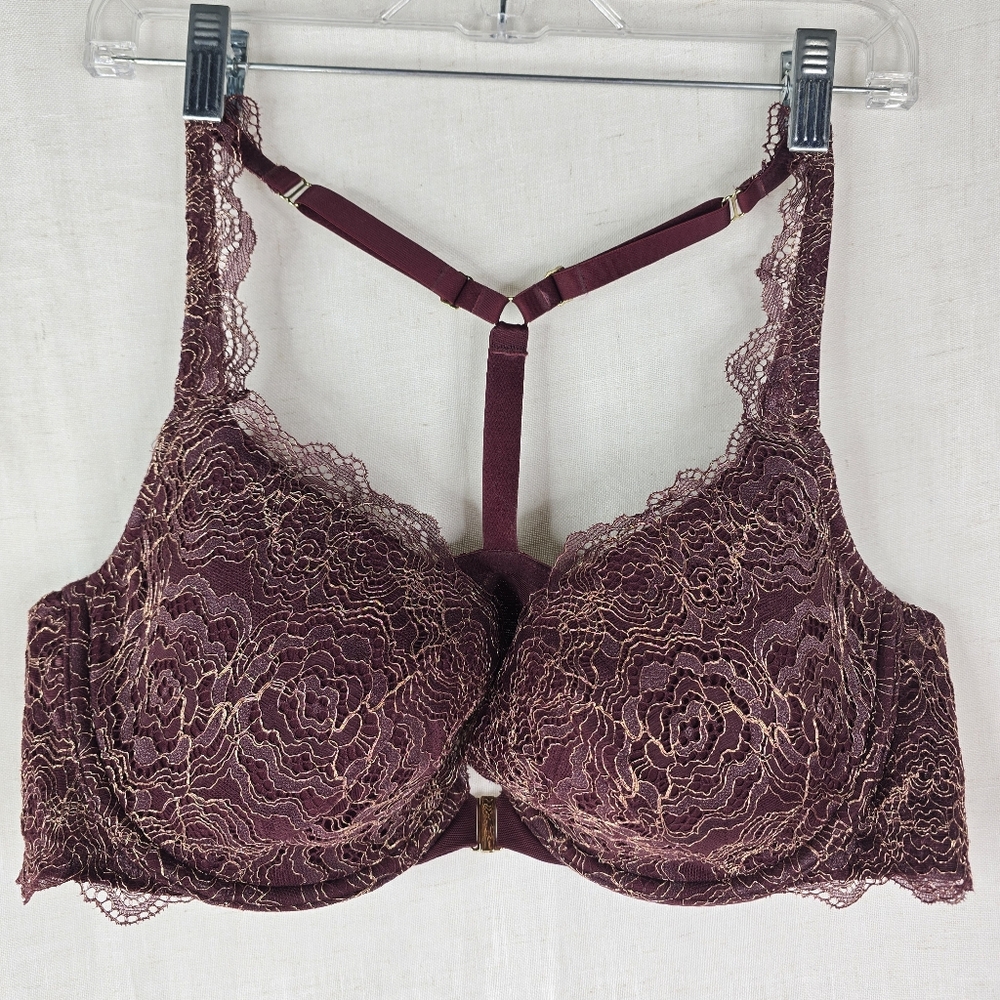Cacique 44C Racer Back Front Clasp Burgundy Wine Gold Lace Womens Bra